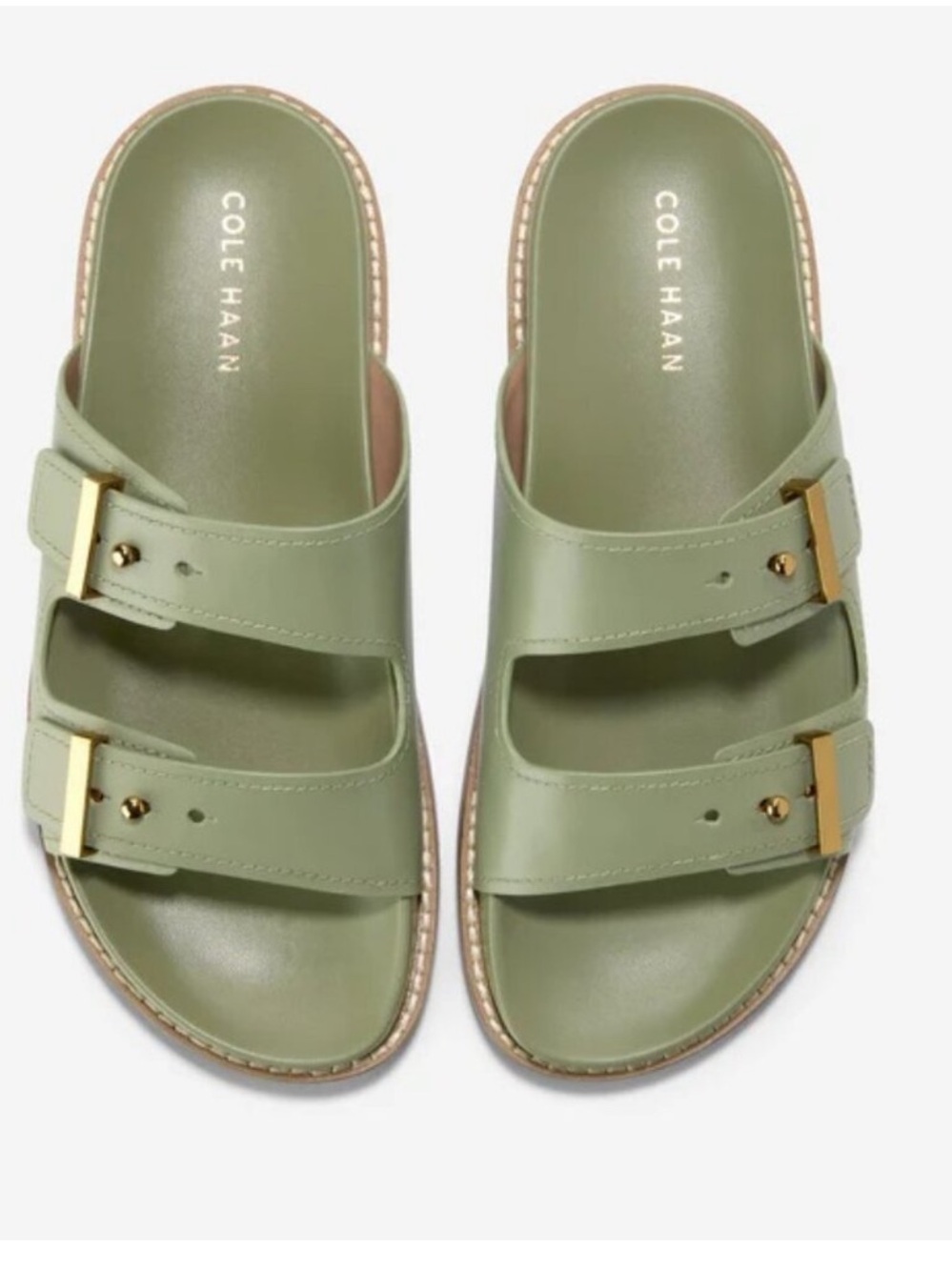 Cole Haan Sage Green Double-Strap Slide Sandals with Gold Buckles
